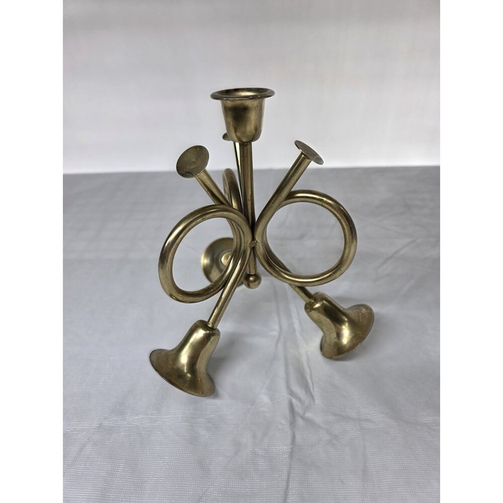 Vintage Brass Triple Horn Taper Candle Holder Holiday Christmas Decor Trumpet